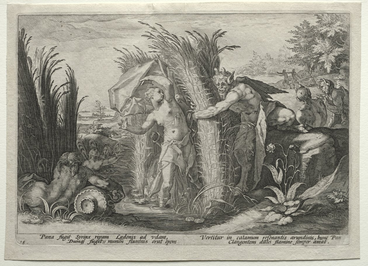 Pan achtervolgt Syrinx door Hendrick Goltzius