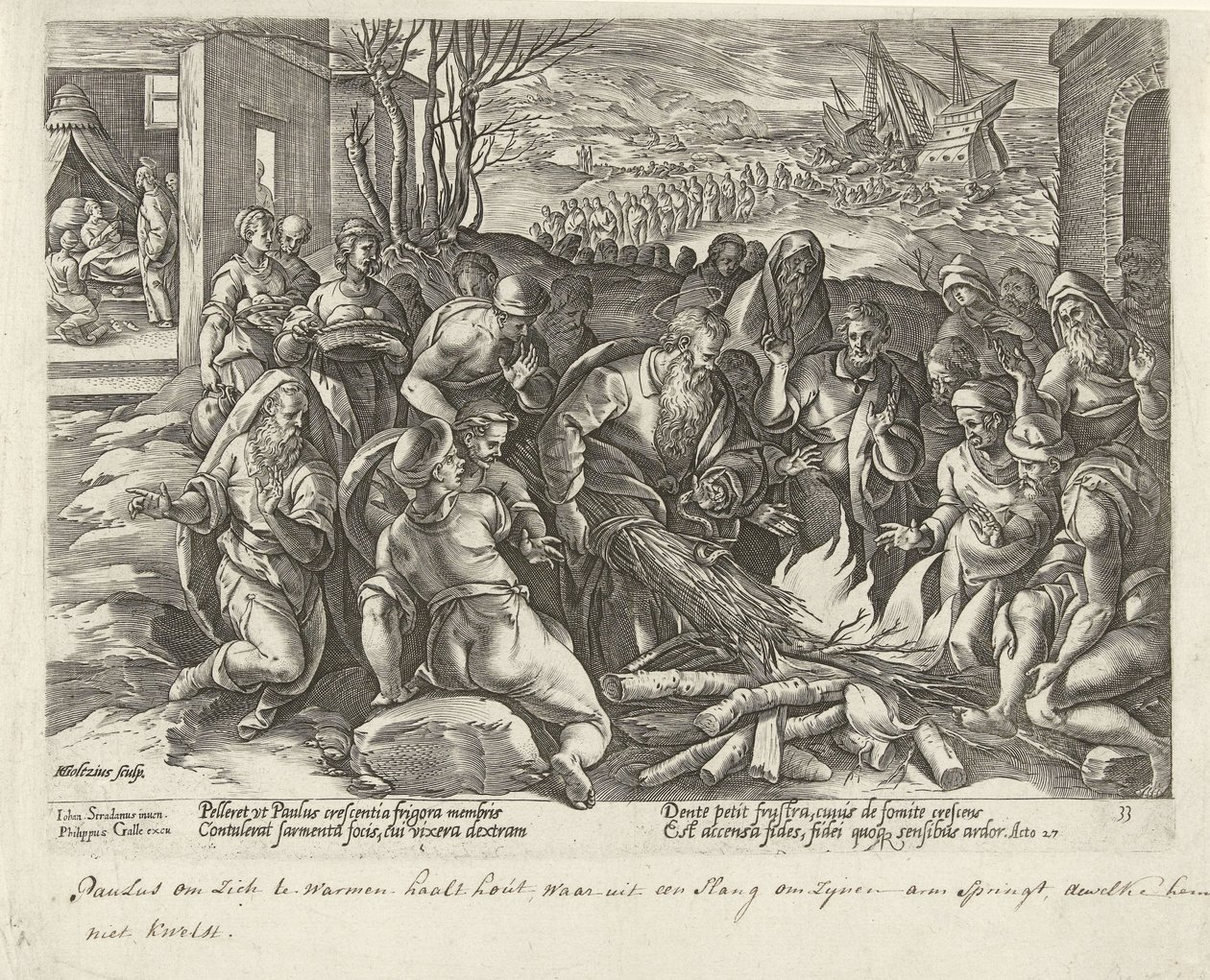 Paulus wordt in Malta gebeten door een adder door Hendrick Goltzius