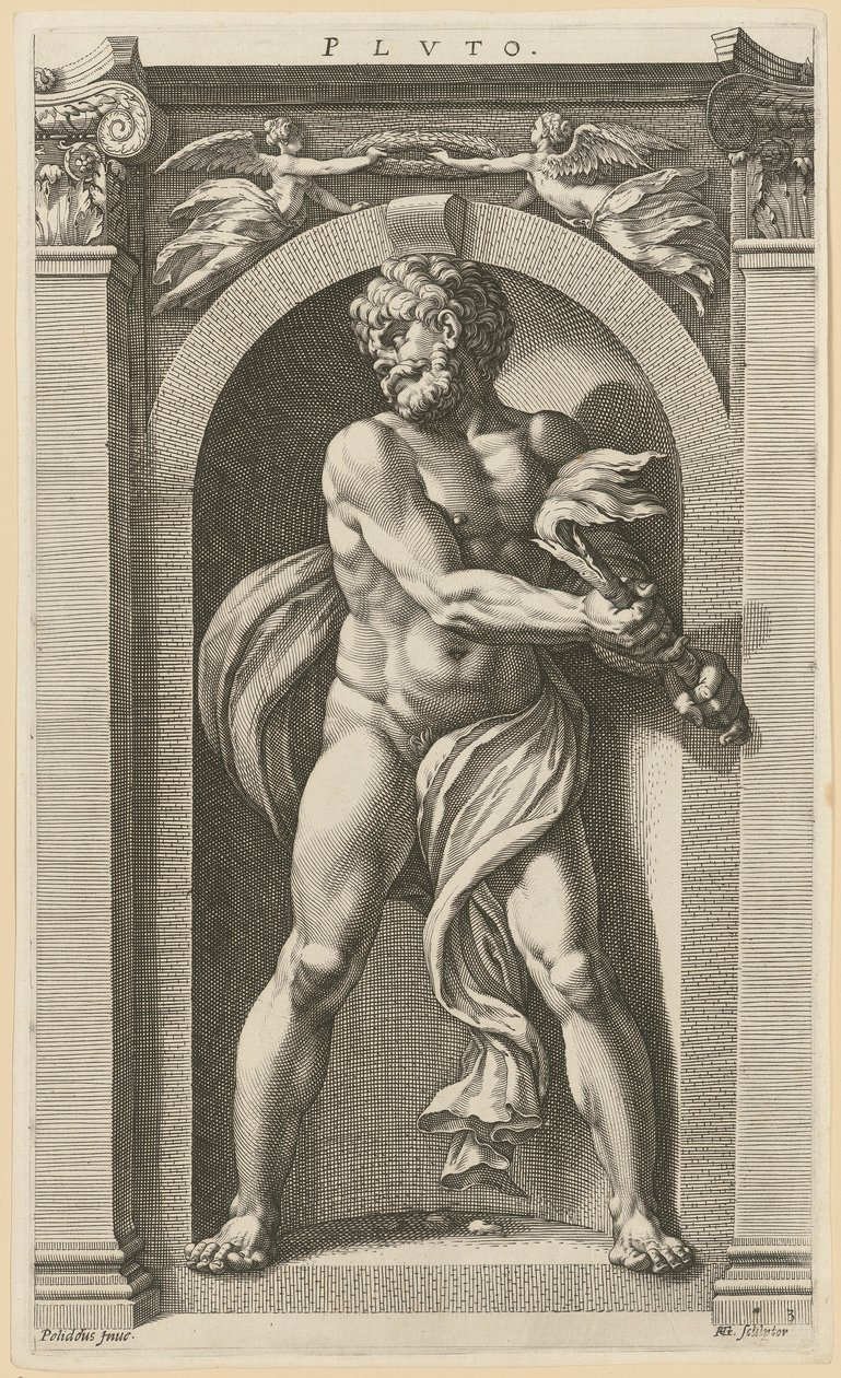 Pluto, blad 3 van de serie "Acht goden uit de oudheid" door Hendrick Goltzius