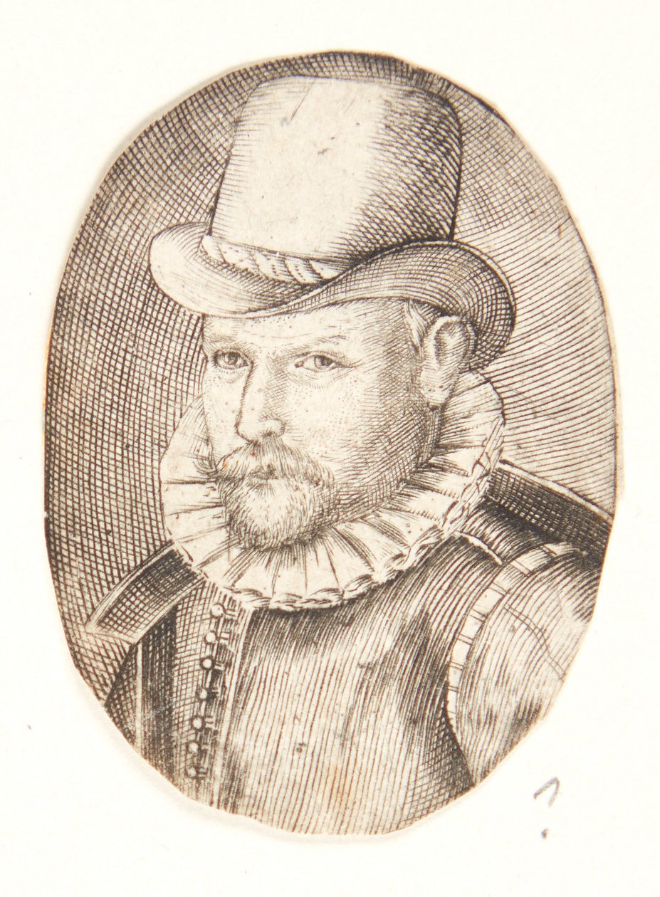 Portret van een man met hoed, naar links gewend door Hendrick Goltzius