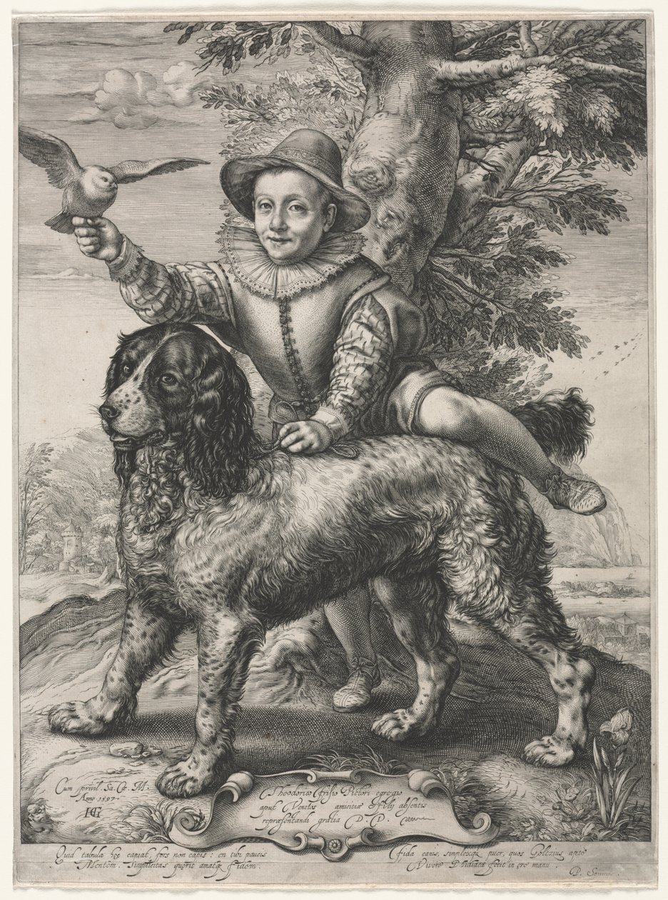 Portret van Frederick de Vries en zijn hond door Hendrick Goltzius