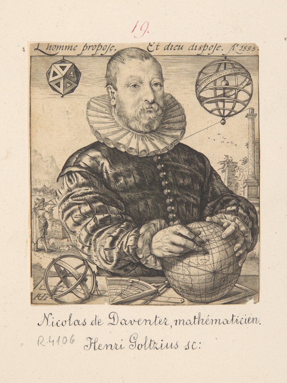 Portret van Nicolaus Petri Daventriensis, eigenlijk Claes Pietersz van Deventer, circa 1540-1602 - wiskundige en astronoom door Hendrick Goltzius