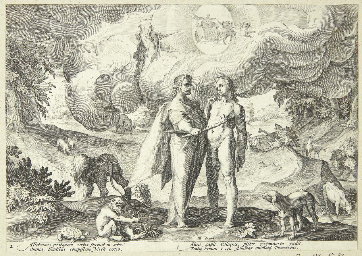 Prometheus creëert de mens en geeft het leven met vuur uit de hemel door Hendrick Goltzius