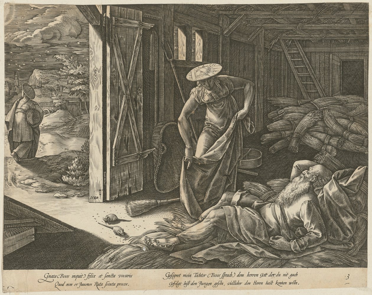 Ruth en Boaz in de schuur, blad 3 van de serie "Het verhaal van Ruth" door Hendrick Goltzius