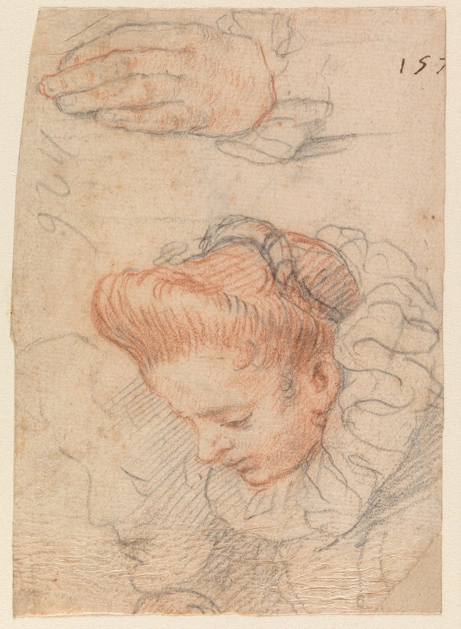 Schetsblad met vrouwehoofd en hand door Hendrick Goltzius