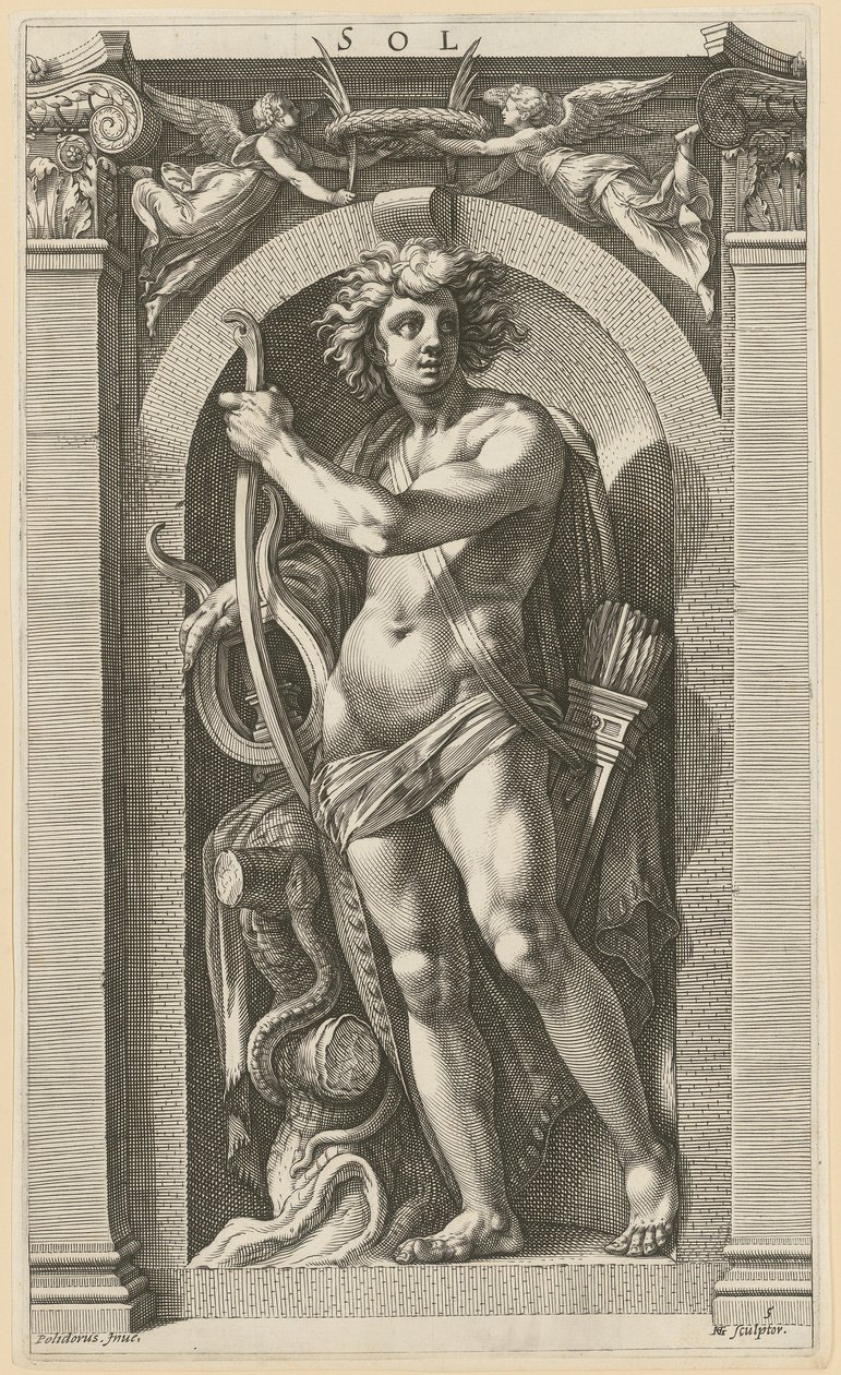 Sol, blad 5 uit de reeks "Acht antieke godheden" door Hendrick Goltzius