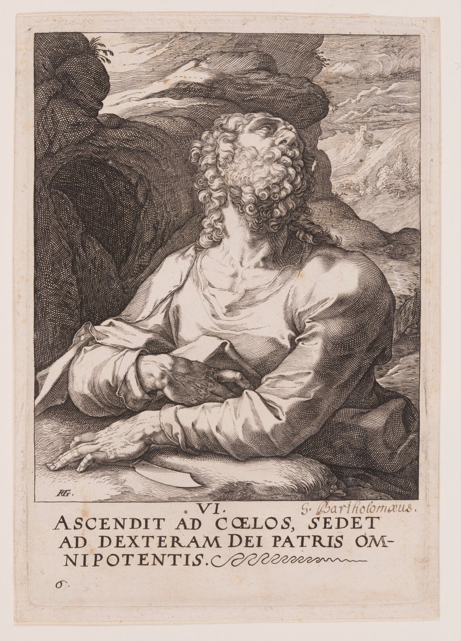 De heilige Bartholomeus, van Christus, de apostelen en Paulus met de geloofsbelijdenis door Hendrick Goltzius
