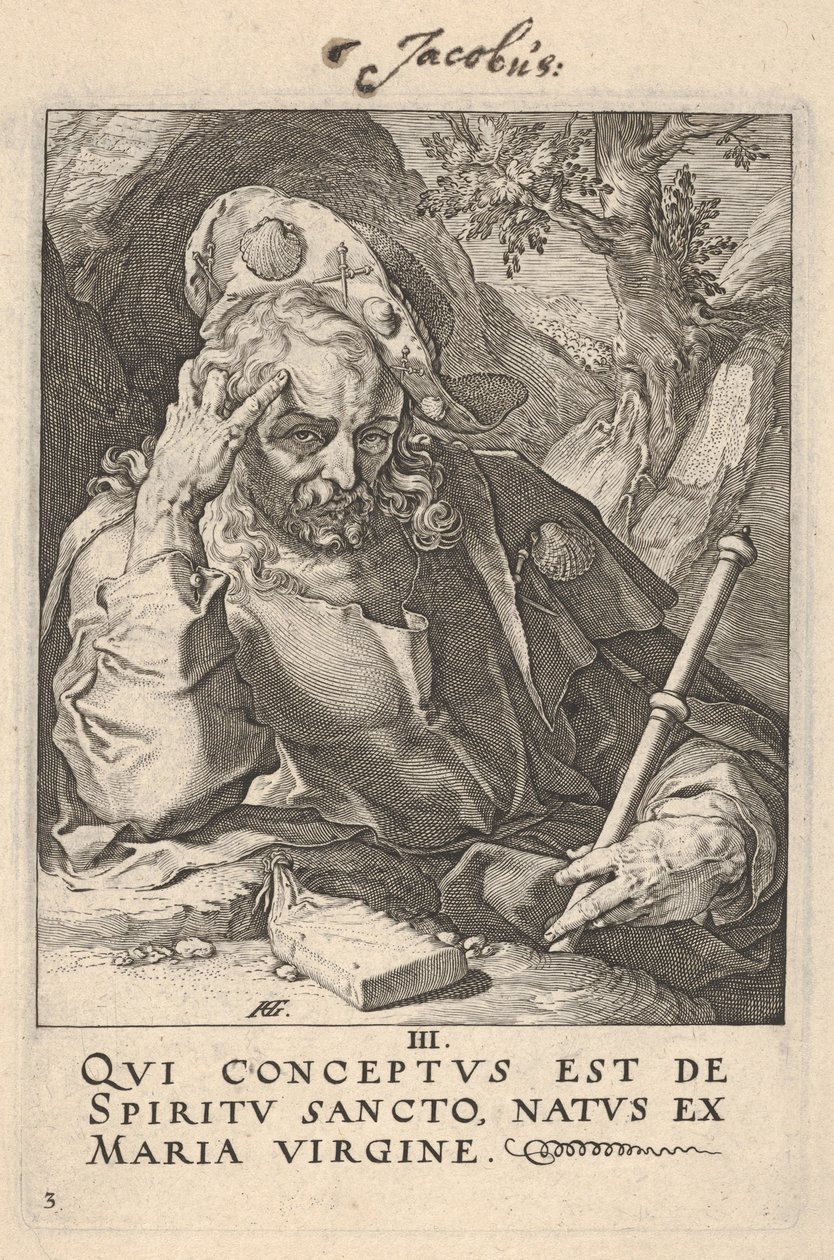De heilige Jakobus de Meerdere, uit „Christus, de apostelen en de heilige Paulus met de geloofsbelijdenis” door Hendrick Goltzius