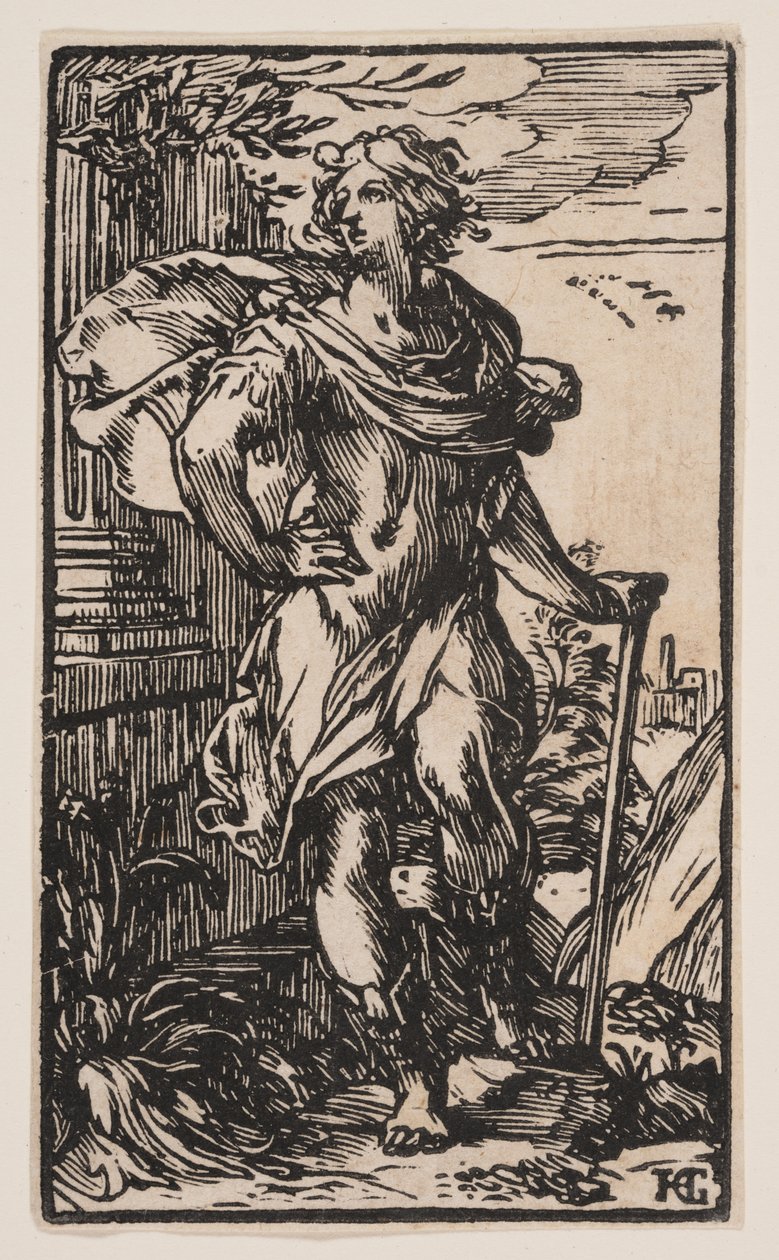 Staande jonge man met stok door Hendrick Goltzius