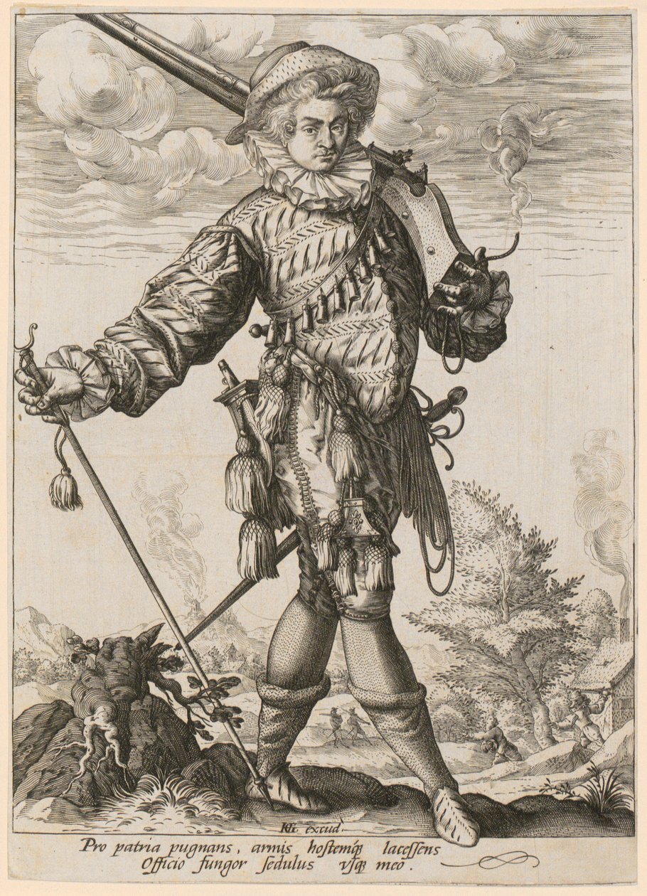 Staande landsknecht met musket en piek door Hendrick Goltzius