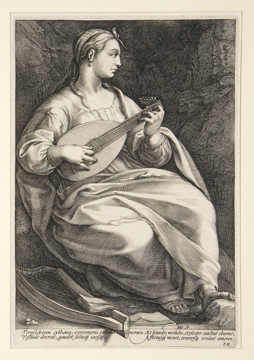 Terpsichore, plaat 5 uit de serie De negen muzen door Hendrick Goltzius