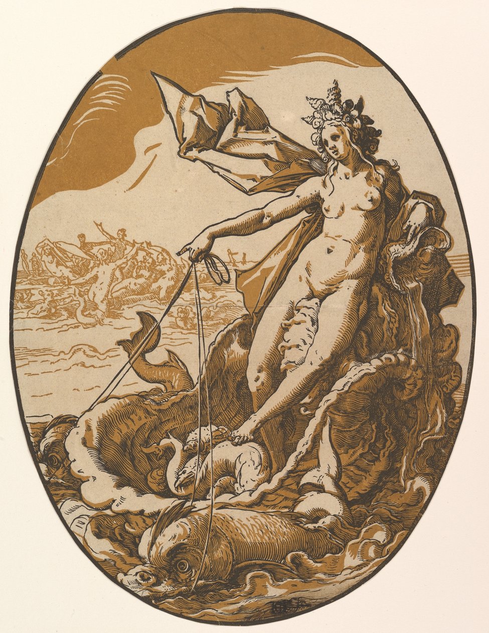 Tethys liggend in een reusachtige schelpenwagen getrokken door twee zeedieren, uit „De godheden“ door Hendrick Goltzius