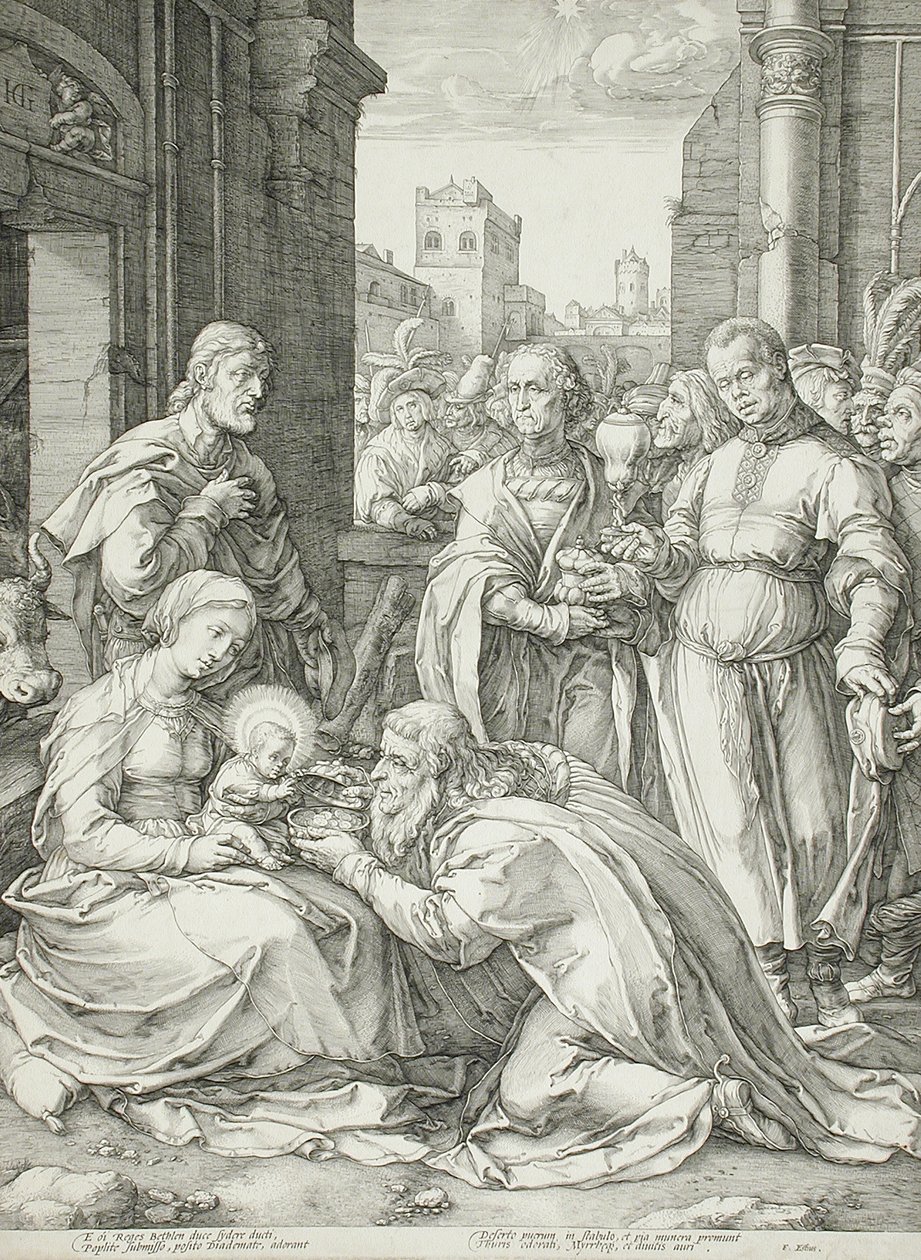 De aanbidding van de drie koningen door Hendrick Goltzius
