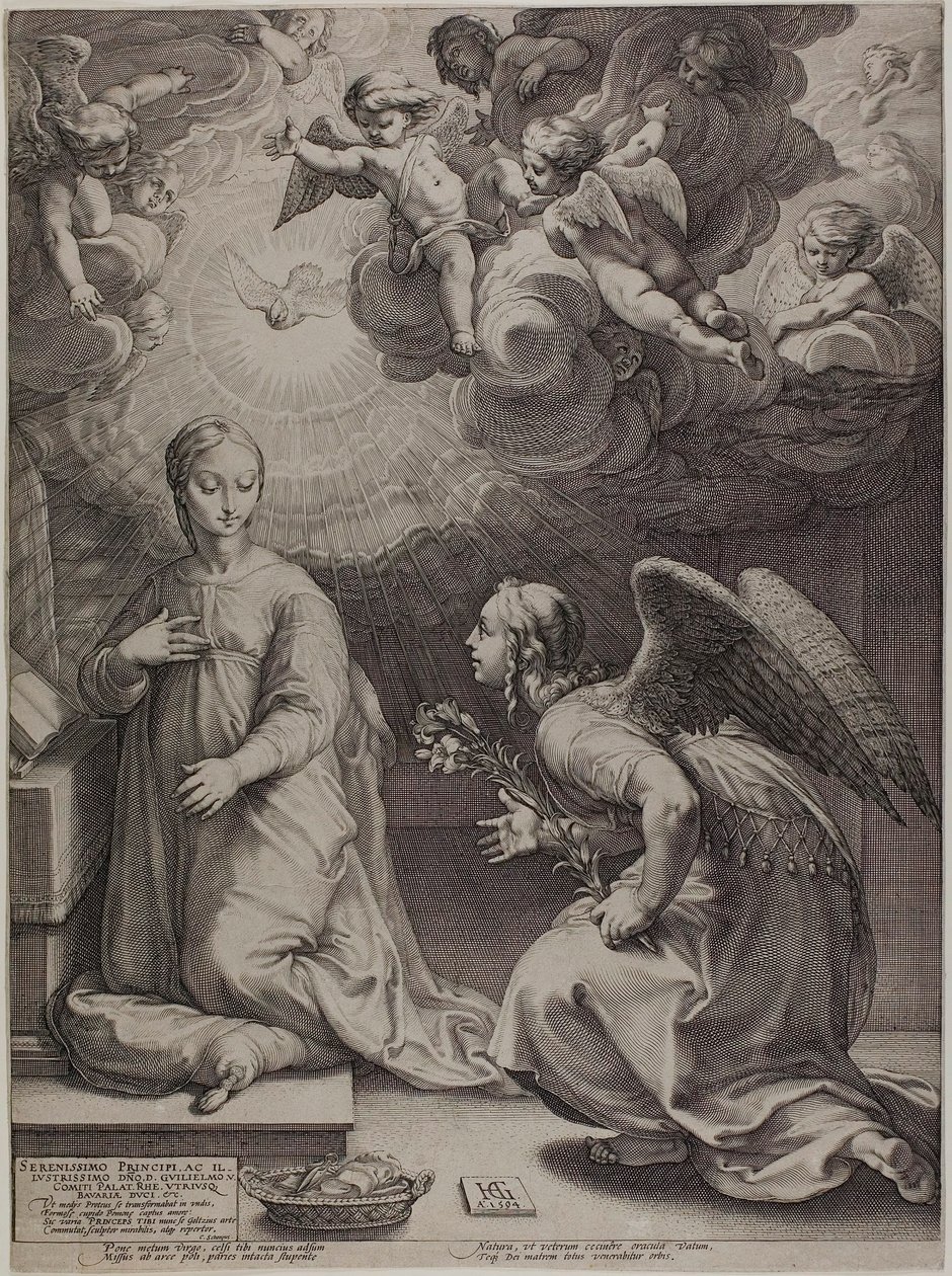 De annunciatie, plaat één uit De geboorte en vroege leven van Christus door Hendrick Goltzius