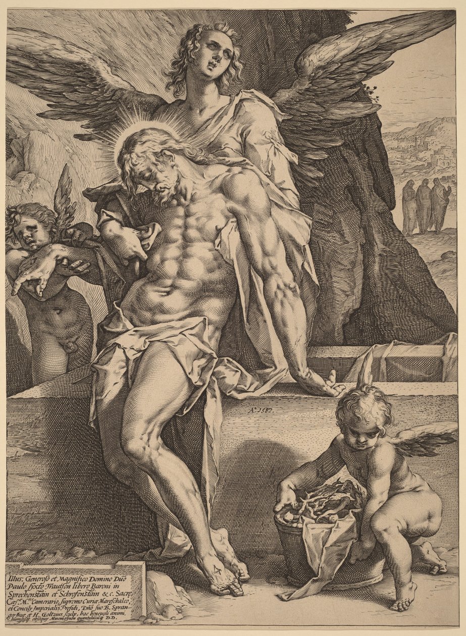 Het lichaam van Christus, ondersteund door engelen door Hendrick Goltzius