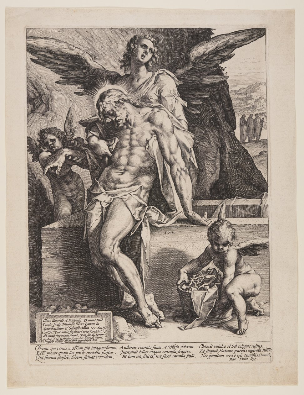 De dode verlosser ondersteund door een engel door Hendrick Goltzius