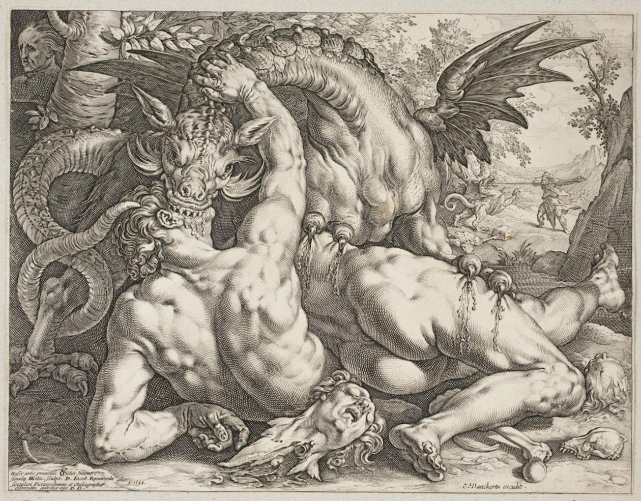 De draak die de metgezellen van Cadmus verslindt door Hendrick Goltzius