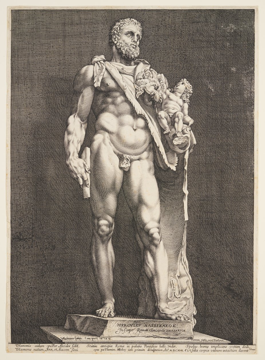 Keizer Commodus als Hercules, van drie beroemde antieke beelden in Rome door Hendrick Goltzius