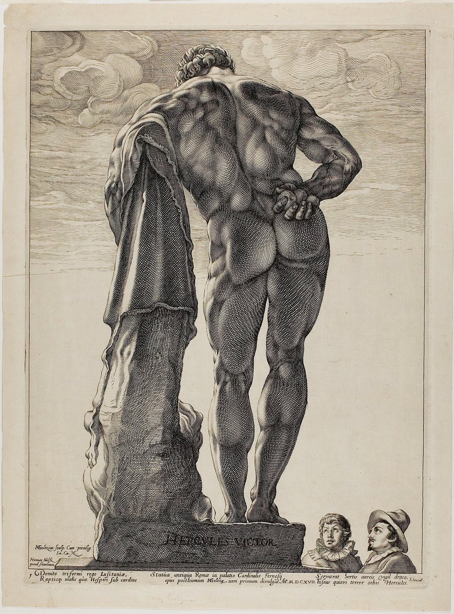 De Farnesische Hercules, plaat één uit Drie Beroemde Antieke Beelden door Hendrick Goltzius