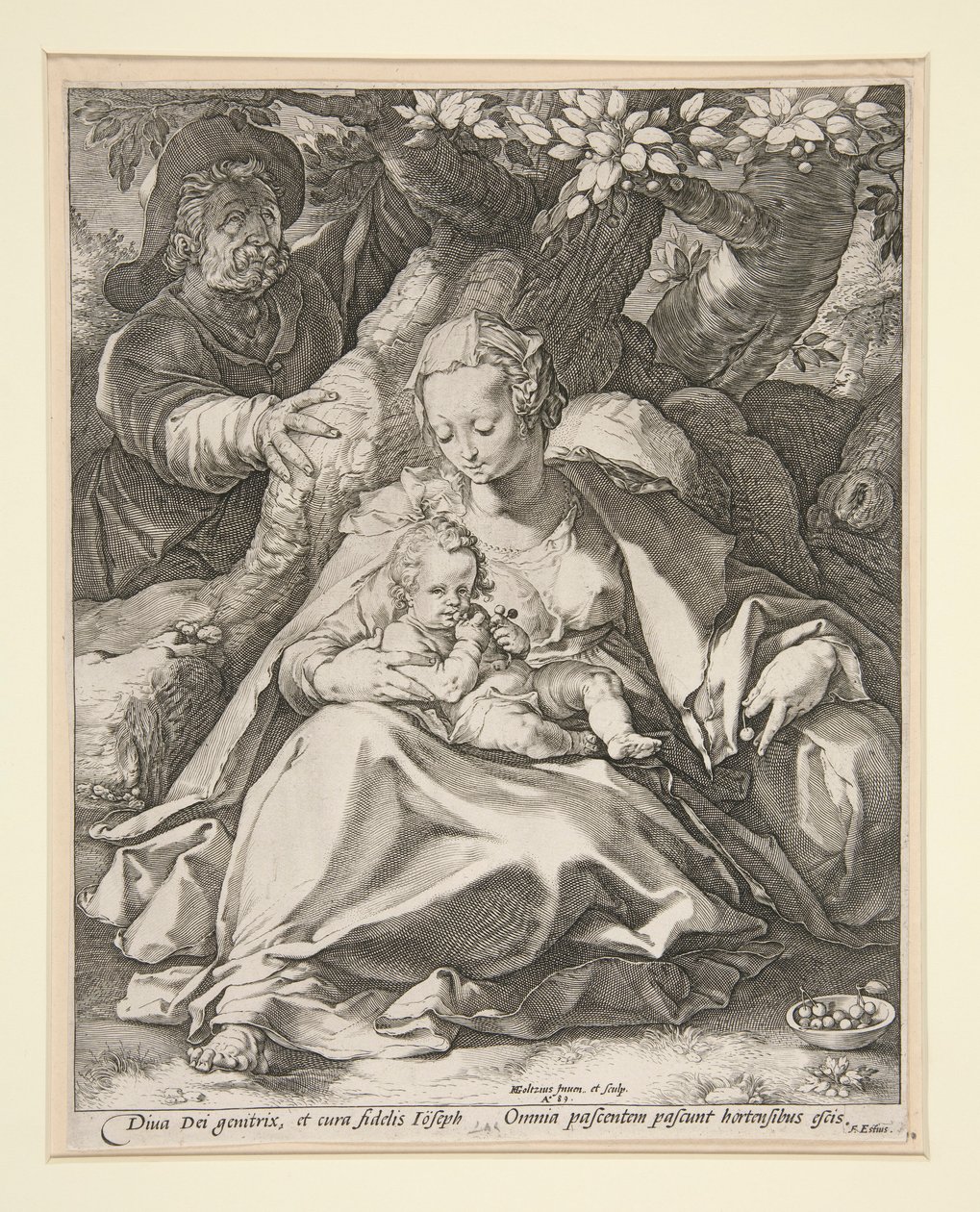 De Heilige Familie Onder de Kersenboom / Rust op de Vlucht naar Egypte Onder een Kersenboom door Hendrick Goltzius