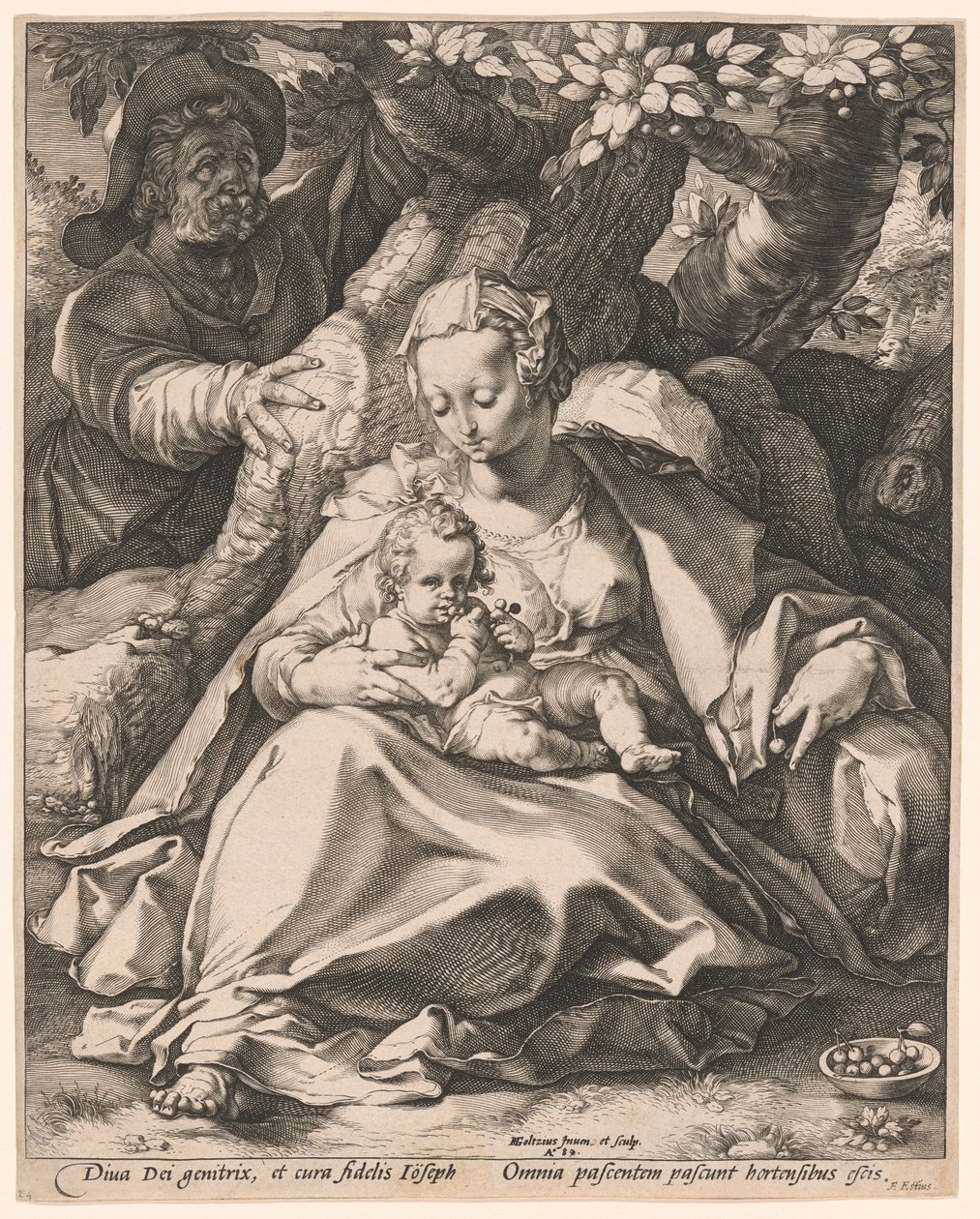 De Heilige Familie onder een Kersenboom door Hendrick Goltzius