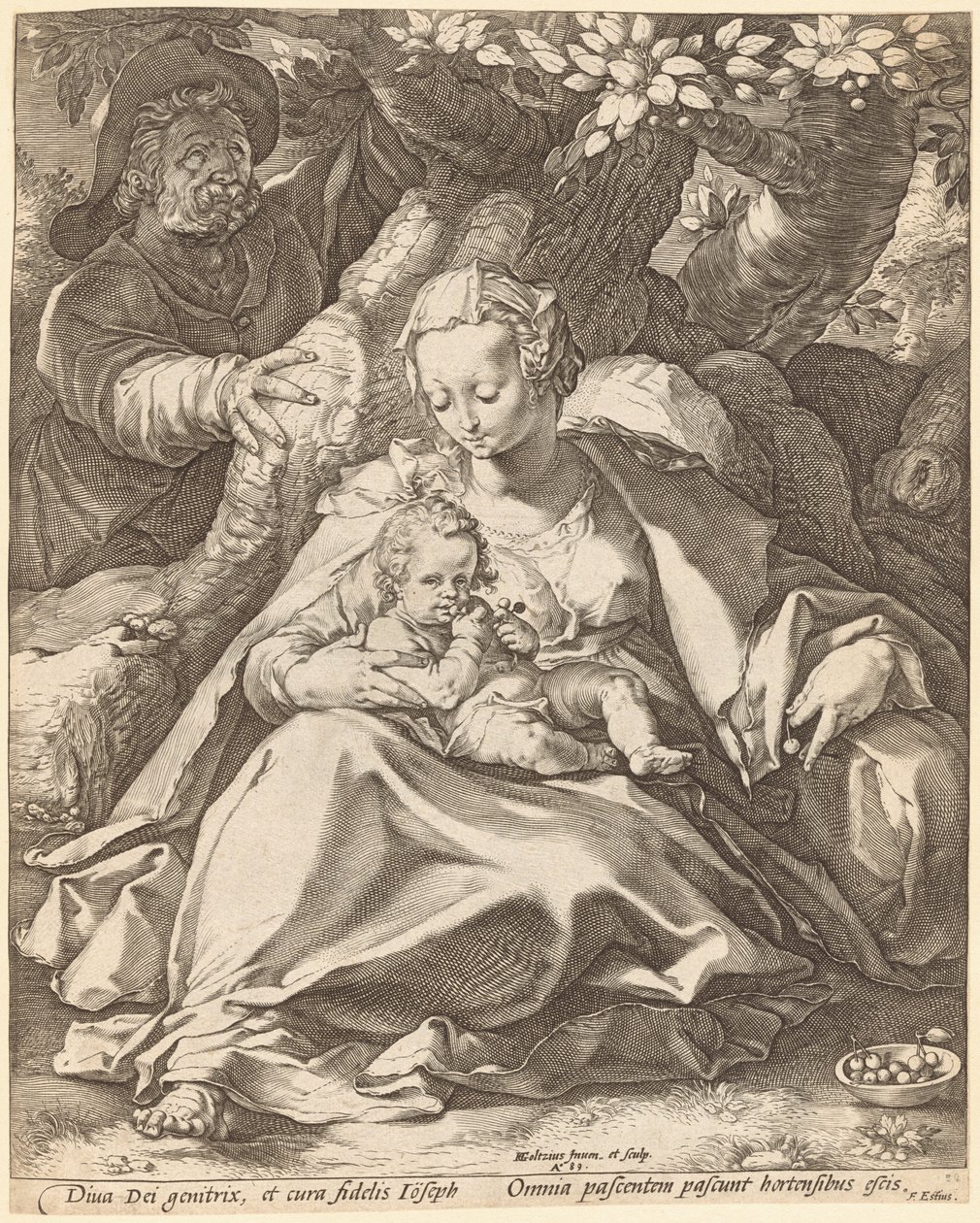 De Heilige Familie onder een kersenboom door Hendrick Goltzius