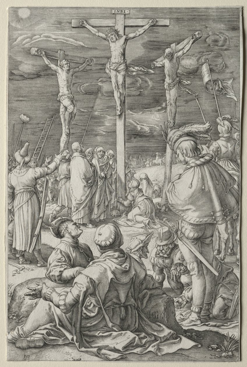 De Passie: Christus aan het Kruis tussen de Twee Dieven door Hendrick Goltzius