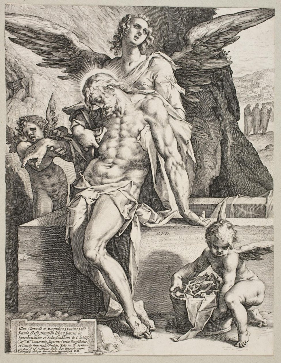 Het lichaam van Christus ondersteund door een engel door Hendrick Goltzius