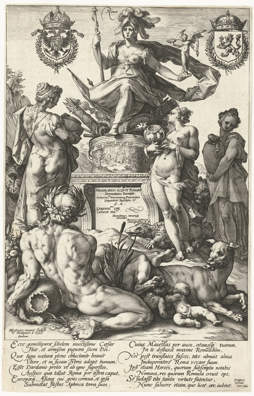 Titelprent voor prentserie De Romeinse helden door Hendrick Goltzius