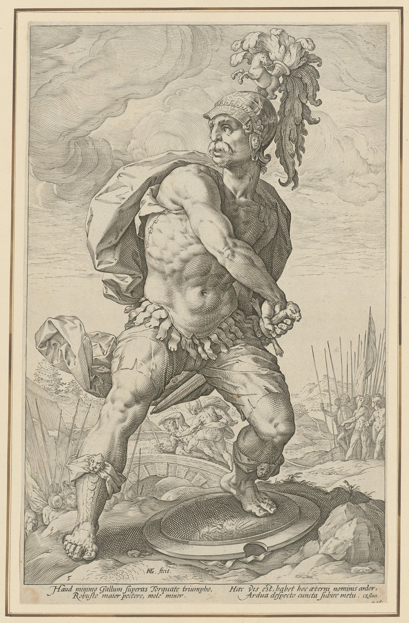 Titus Manlius Torquatus, blad 5 uit de serie „Romeinse helden“ door Hendrick Goltzius