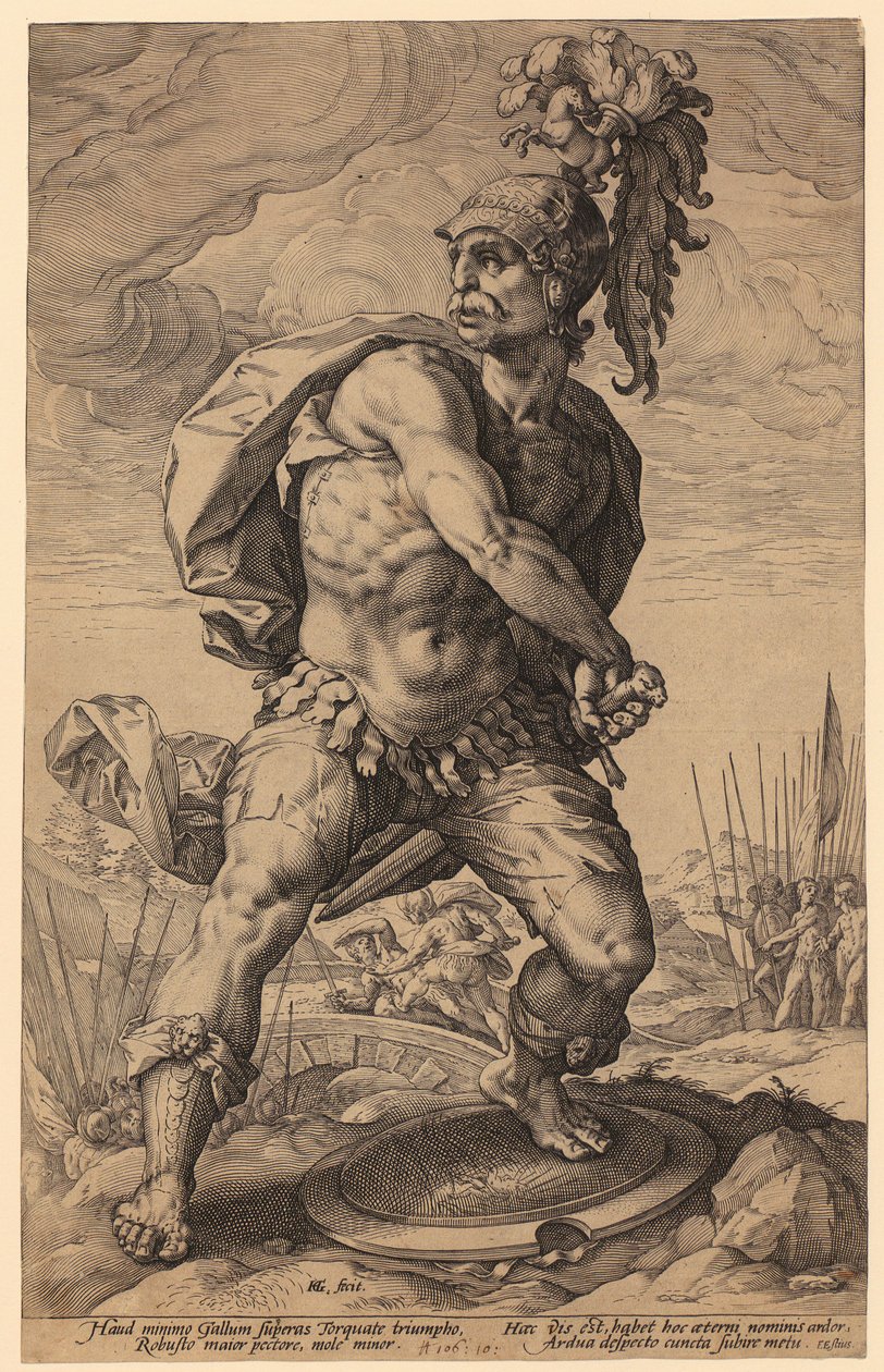 Titus Manlius Torquatus, blad 5 uit de serie „Romeinse helden“ door Hendrick Goltzius