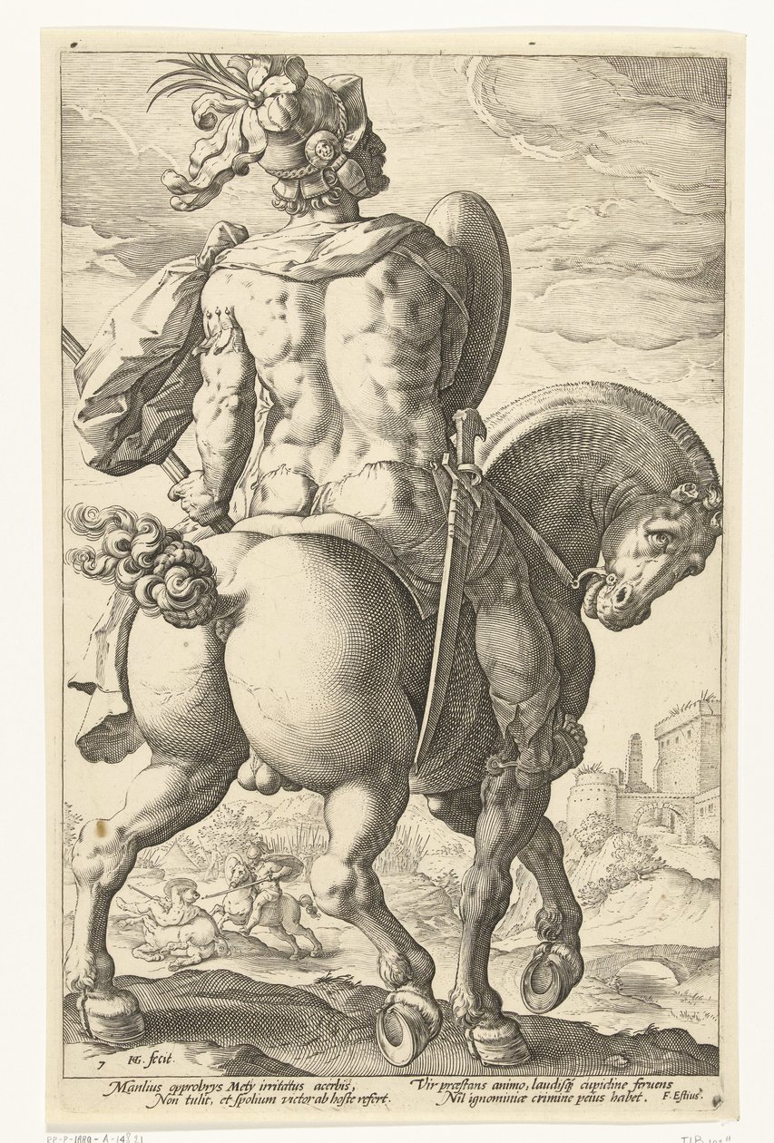 Titus Manlius te paard door Hendrick Goltzius