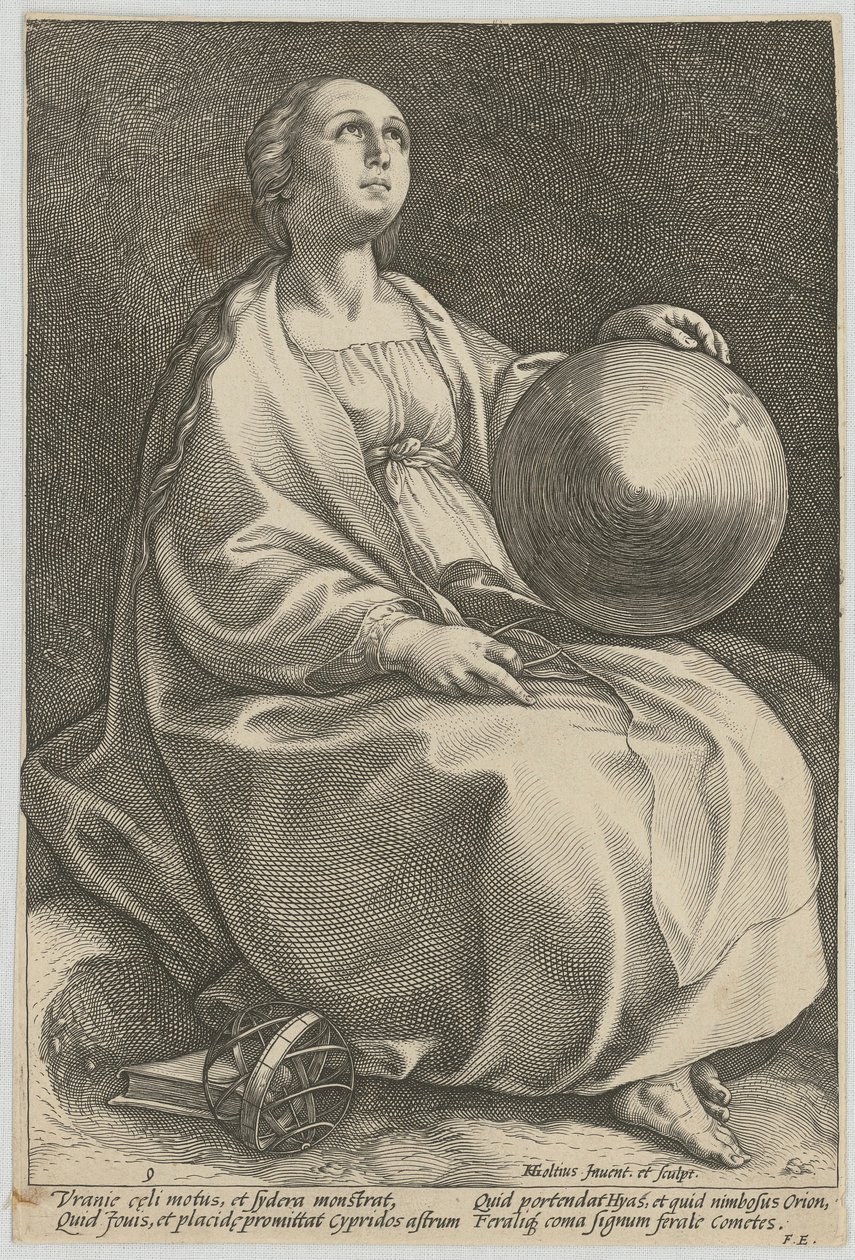 Urania, blad 9 uit de serie „Negen Muzen“ door Hendrick Goltzius