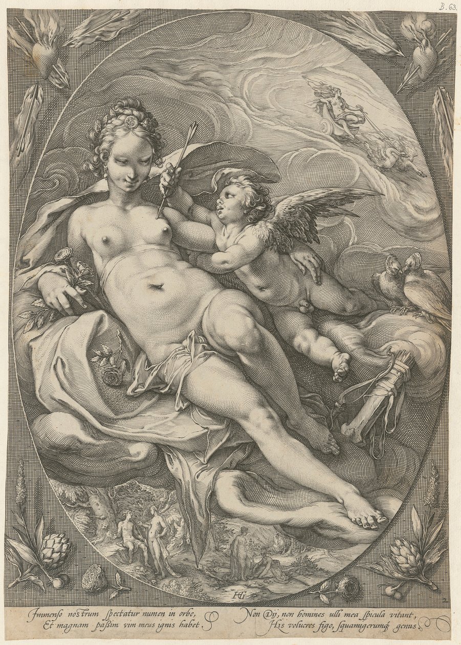 Venus en Cupido, blad 2 uit de serie „Drie godinnen“ door Hendrick Goltzius
