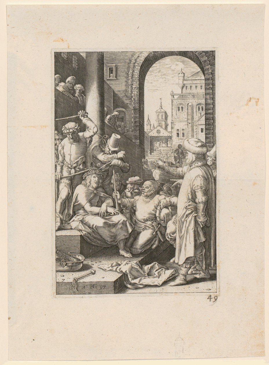 De bespotting van Christus, blad 7 uit de serie „De Passie“ door Hendrick Goltzius