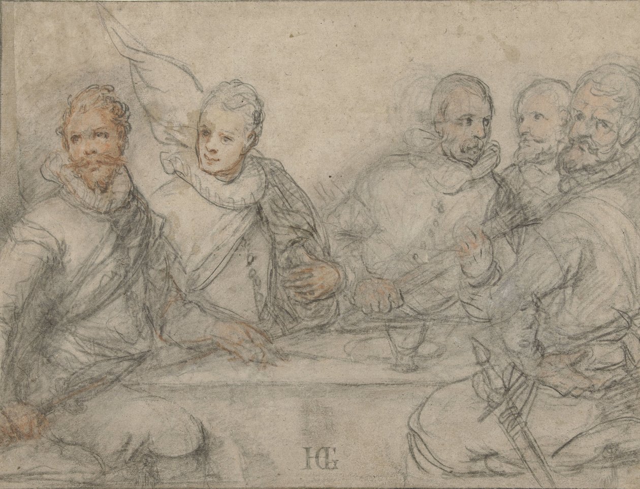 Vijf officieren, studie voor een schuttersmaaltijd door Hendrick Goltzius