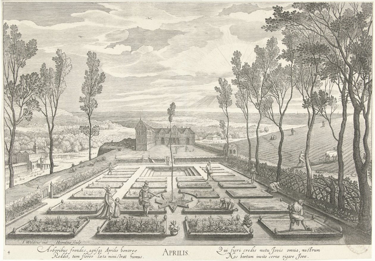 April, met een gezelschap in een tuin door Hendrick Hondius (I)