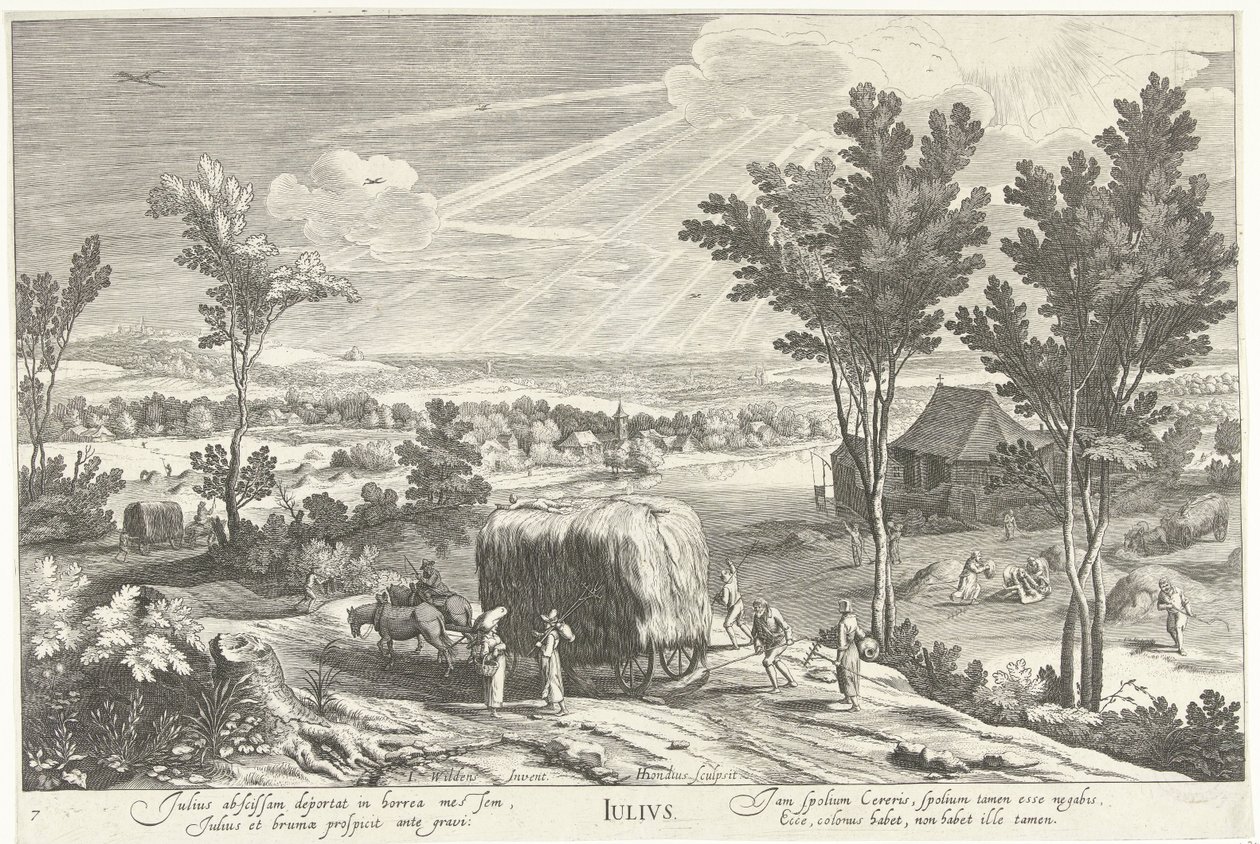 Juli, met boeren in een landschap door Hendrick Hondius (I)
