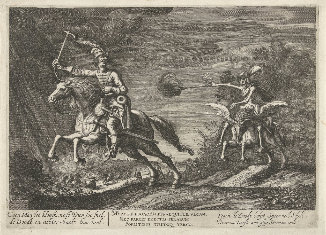 Ruiter en de Dood Geen Man soo kloeck, noch Dier soo snel, de Doodt en achterhaelt hun wel (titel op object) door Hendrick Hondius (I)