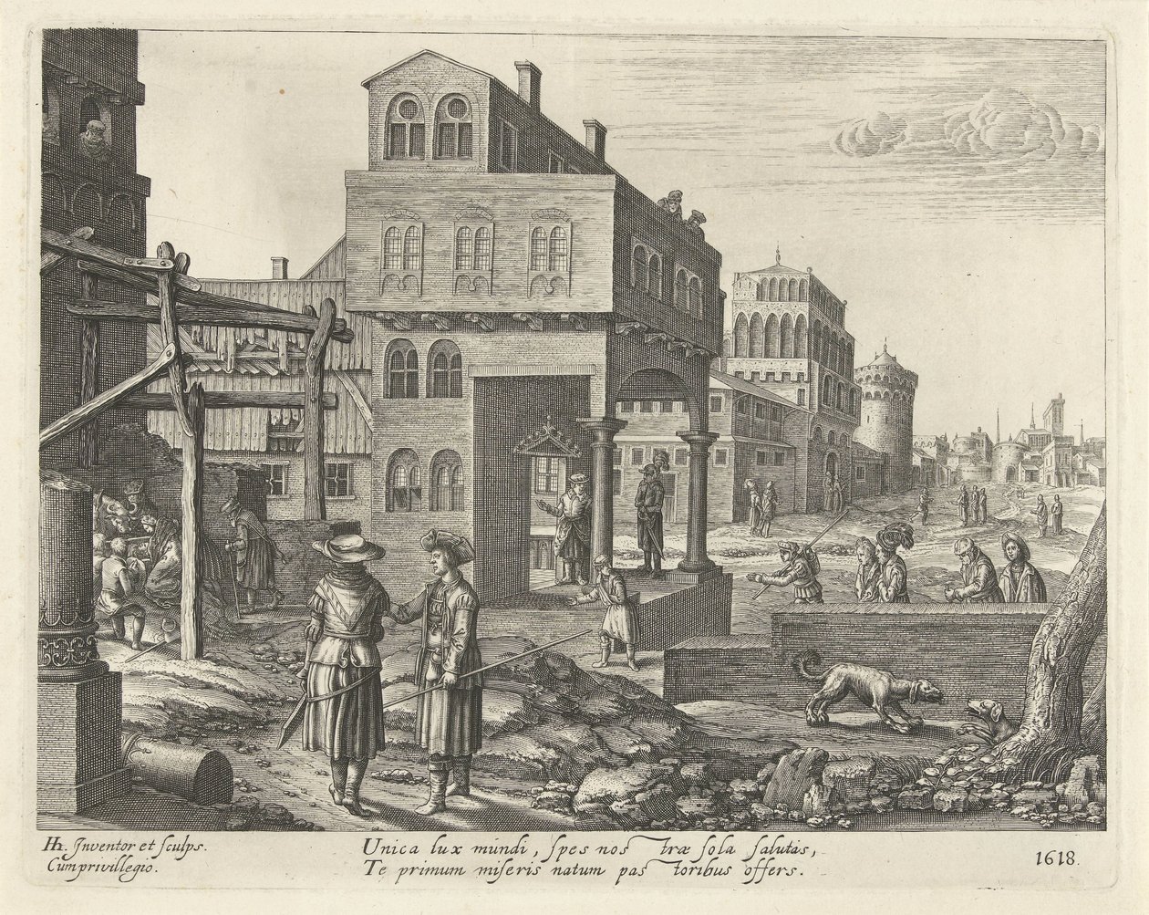 Stadsgezicht met de aanbidding door de herders door Hendrick Hondius (I)