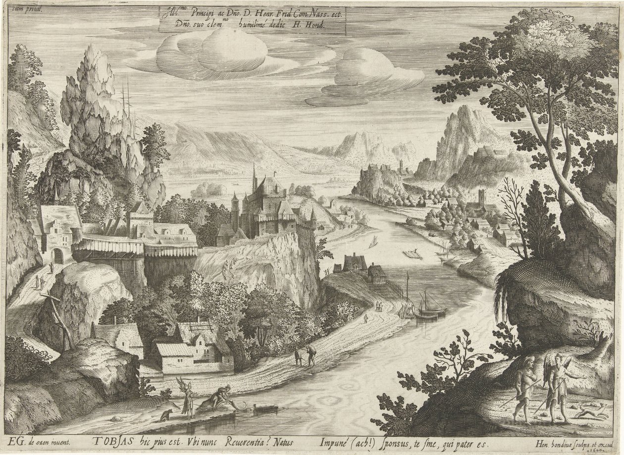 Tobias en de engel vangen de vis in de Tigris door Hendrick Hondius (I)