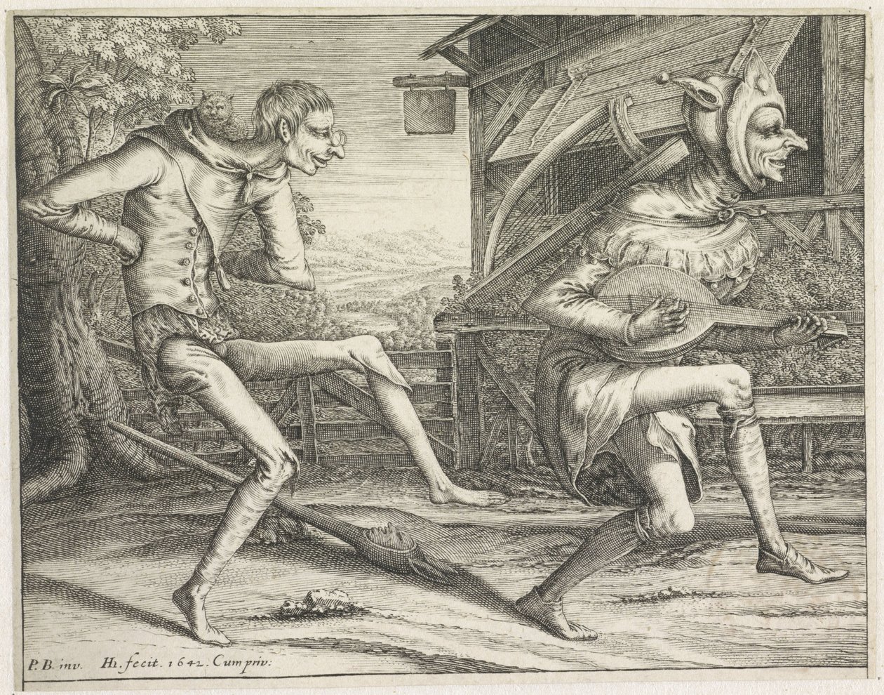 Twee dansende zotten (Zotten) door Hendrick Hondius (I)