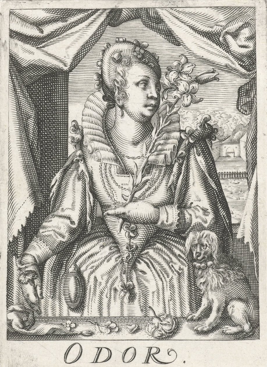 Reuk, een vrouw met een bloemtak door Hendrick Hondius (rejected attribution)