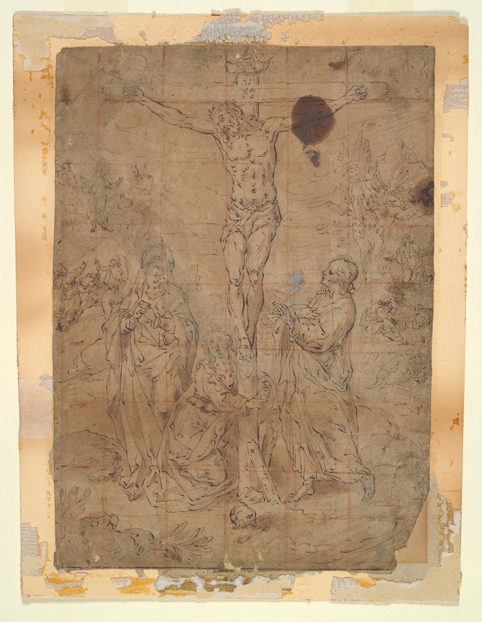 Christus aan het kruis tussen de Maagd en Sint-Jan met scènes van de Passie op de achtergrond door Hendrick de Clerck