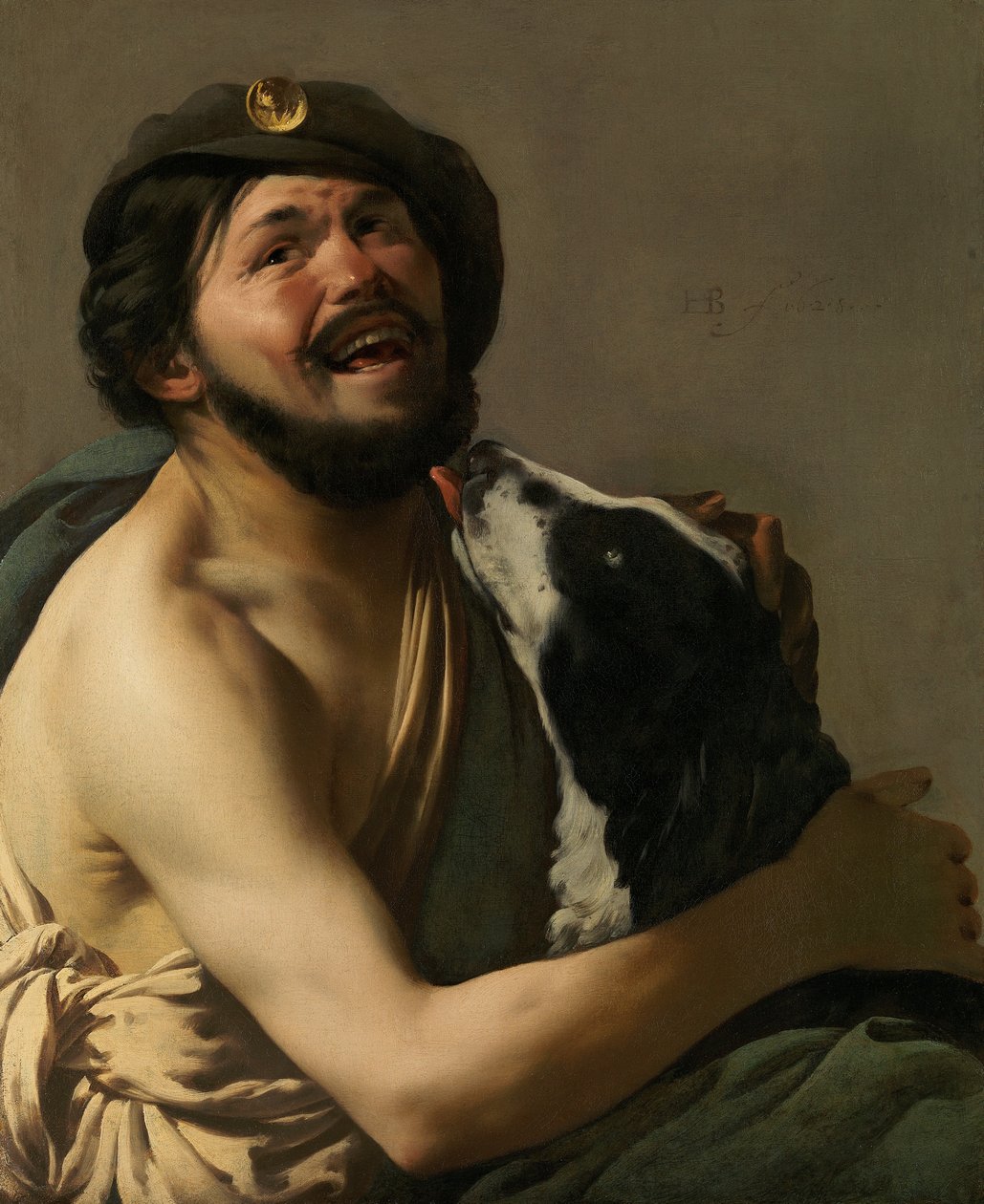 Een lachende Bravo (huurling) met zijn hond door Hendrick ter Brugghen