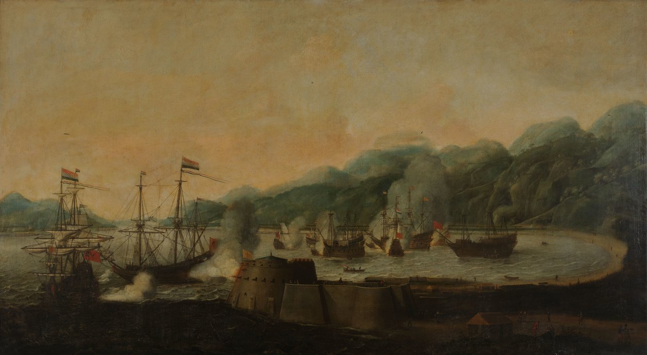 Een Nederlands Eskader onder Bevel van Cornelis Simonsz van der Veer Voert een Verrassingsaanval uit op Drie Portugese Galjoenen in de Baai van Goa Velha, 30 September 1639 door Hendrick van Anthonissen