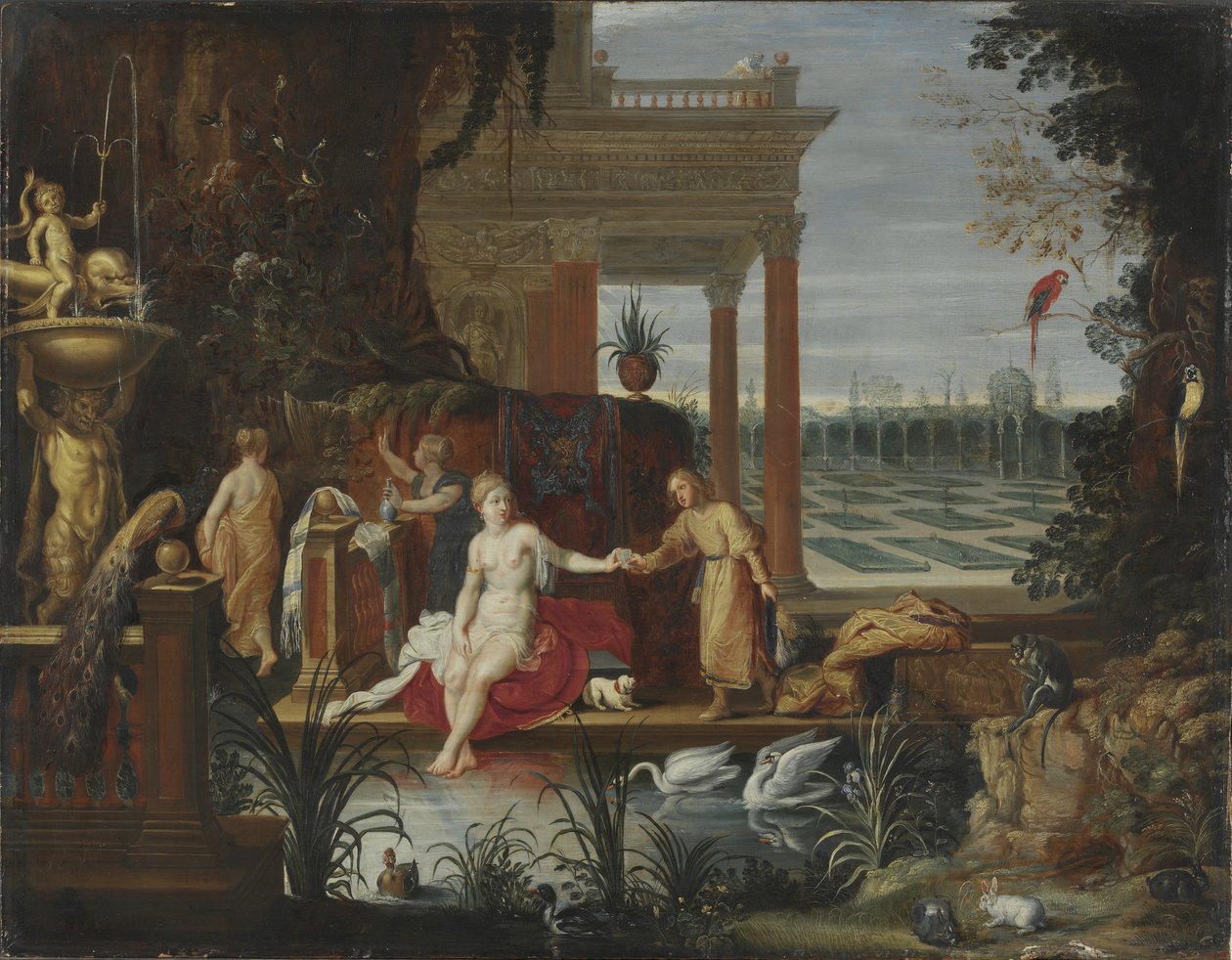 Bathseba in het bad ontvangt de brief van koning David, ca. 1600 door Hendrick van Balen