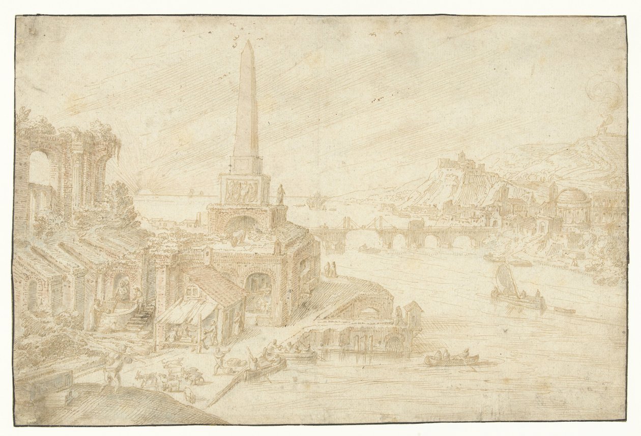 Obelisk naast ruïnes (series title) door Hendrick van Cleve