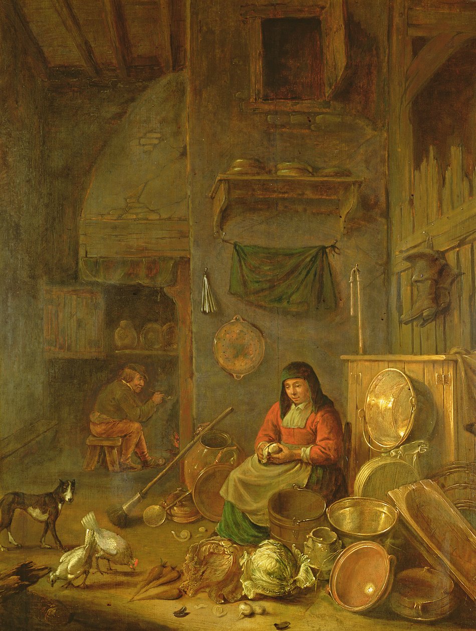 Een keukeninterieur met een vrouw die aardappelen schilt naast een hond, een man rookt voor een vuur verderop door Hendrik Martensz Sorgh