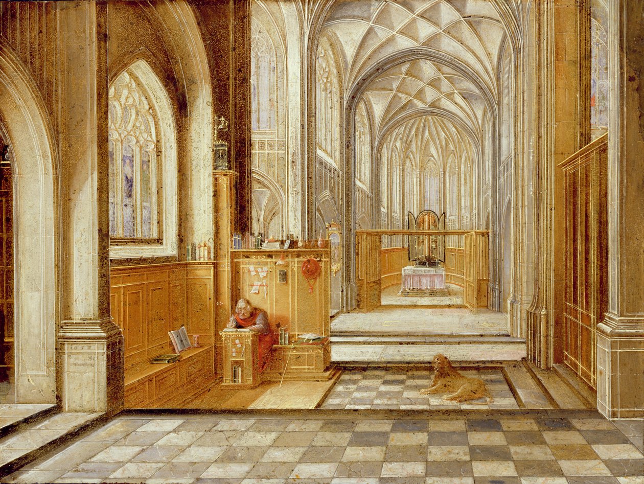 St. Hiëronymus in een gotische kerk door Hendrik the Younger Steenwyck
